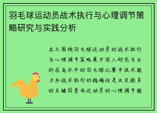 羽毛球运动员战术执行与心理调节策略研究与实践分析 羽毛球运动员战术执行与心理调节策略研究与实践分析