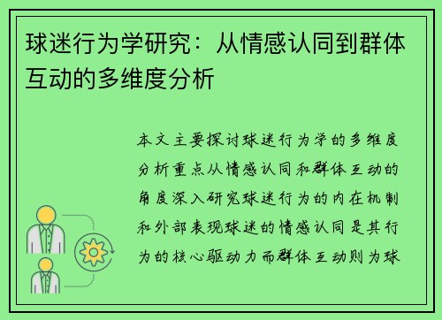 球迷行为学研究：从情感认同到群体互动的多维度分析